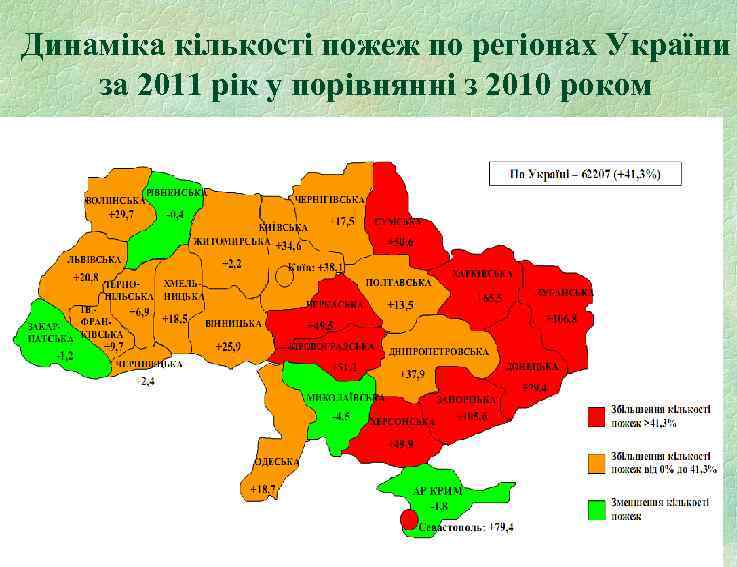 Динаміка кількості пожеж по регіонах України за 2011 рік у порівнянні з 2010 роком