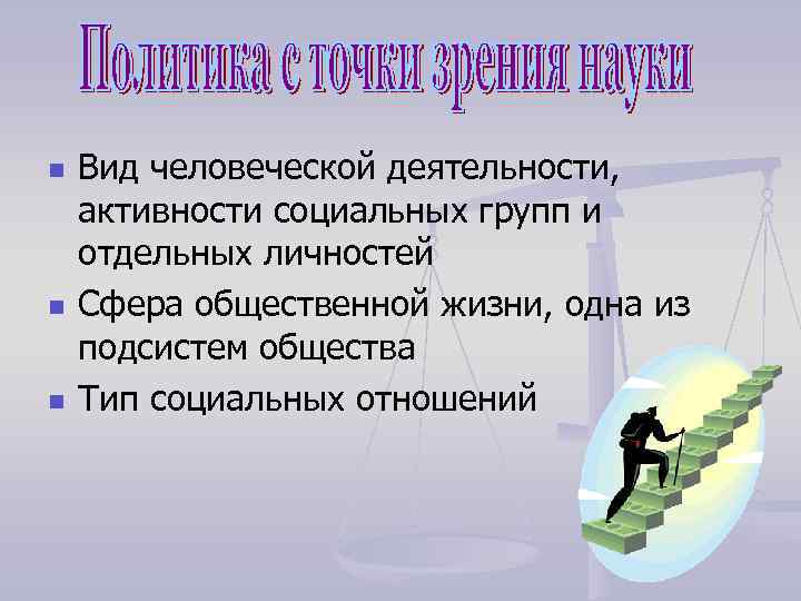 n n n Вид человеческой деятельности, активности социальных групп и отдельных личностей Сфера общественной