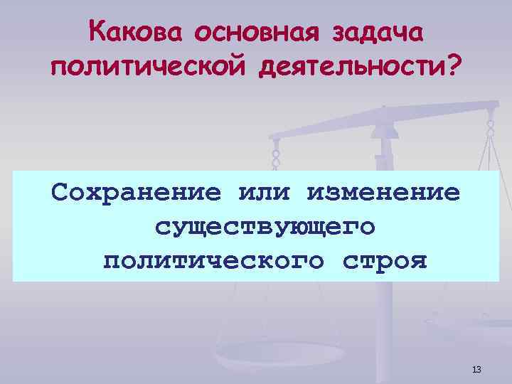 Какова основная задача политической деятельности? Сохранение или изменение существующего политического строя 13 