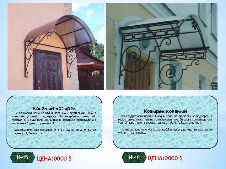 Кованый козырек Козырек кованый С каркасом из 20*20 мм и коваными вензелями 12 мм