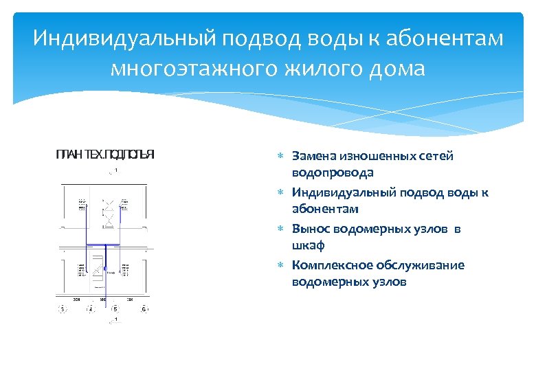Индивидуальный подвод воды к абонентам многоэтажного жилого дома Замена изношенных сетей водопровода Индивидуальный подвод