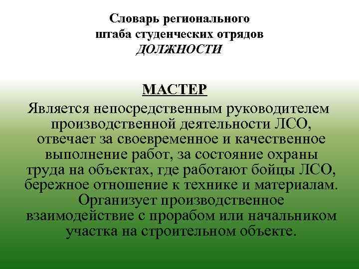 Словарь регионального штаба студенческих отрядов ДОЛЖНОСТИ МАСТЕР Является непосредственным руководителем производственной деятельности ЛСО, отвечает