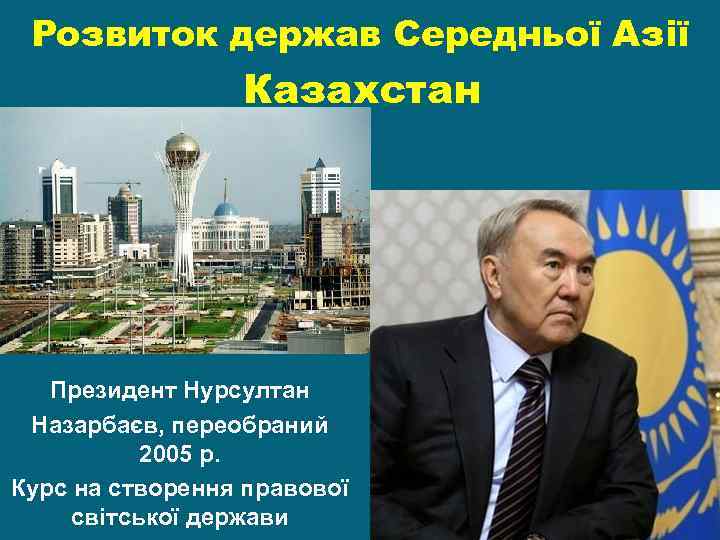 Розвиток держав Середньої Азії Казахстан Президент Нурсултан Назарбаєв, переобраний 2005 р. Курс на створення