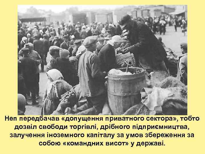 Неп передбачав «допущення приватного сектора» , тобто дозвіл свободи торгівлі, дрібного підприємництва, залучення іноземного