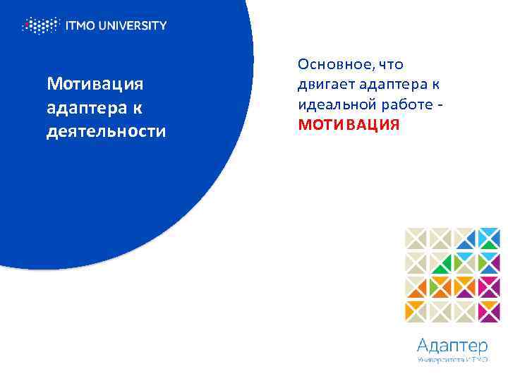 Мотивация адаптера к деятельности Основное, что двигает адаптера к идеальной работе МОТИВАЦИЯ 