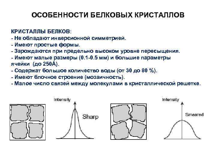 ОСОБЕННОСТИ БЕЛКОВЫХ КРИСТАЛЛОВ КРИСТАЛЛЫ БЕЛКОВ: - Не обладают инверсионной симметрией. - Имеют простые формы.