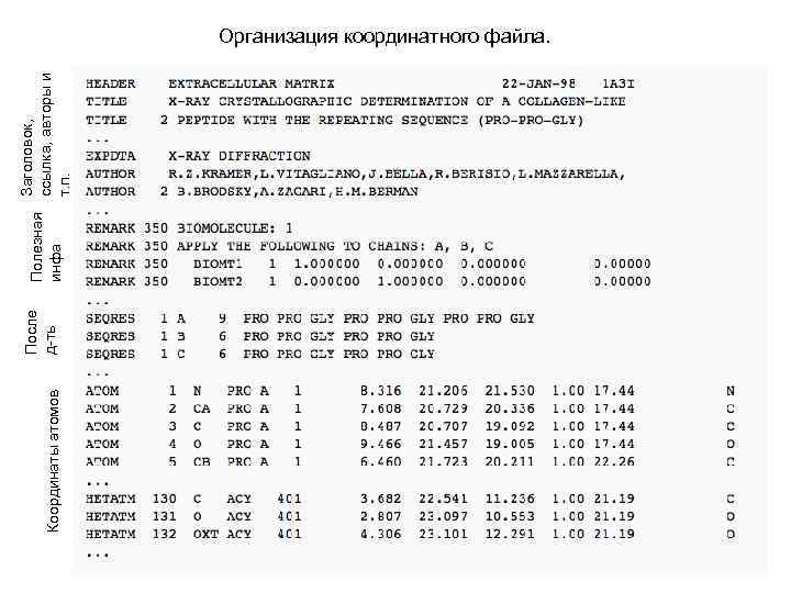 Координаты атомов После д-ть Полезная инфа Заголовок, ссылка, авторы и т. п. Организация координатного