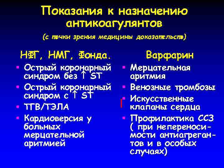 Показания к назначению антикоагулянтов (с точки зрения медицины доказательств) НФГ, НМГ, Фонда. § Острый