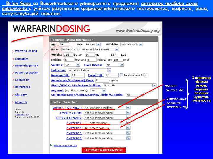 Brian Gage из Вашингтонского университета предложил алгоритм подбора дозы варфарина с учётом результатов фармакогенетического