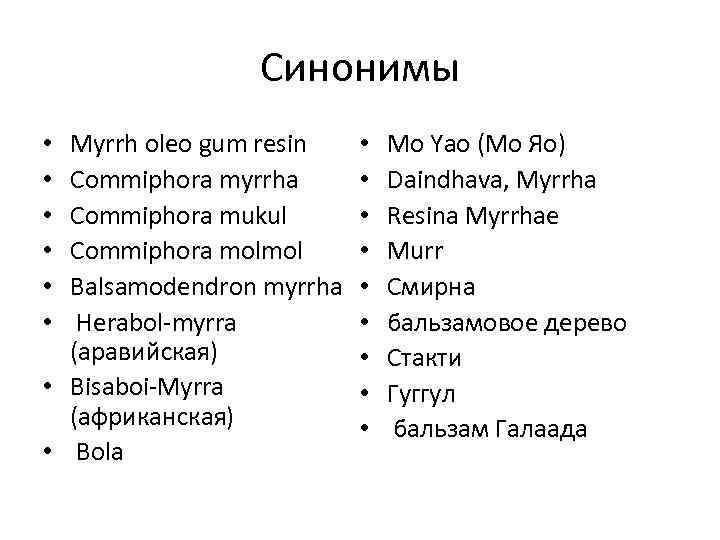 Синонимы Myrrh oleo gum resin Commiphora myrrha Commiphora mukul Commiphora molmol Balsamodendron myrrha Herabol-myrra