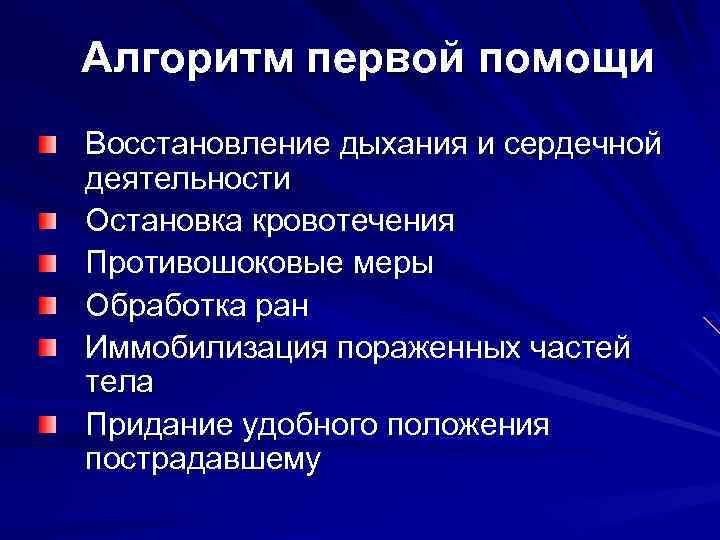 Алгоритм первой помощи Восстановление дыхания и сердечной деятельности Остановка кровотечения Противошоковые меры Обработка ран