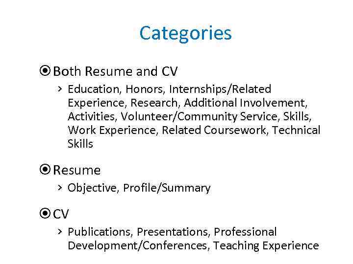 Categories Both Resume and CV › Education, Honors, Internships/Related Experience, Research, Additional Involvement, Activities,