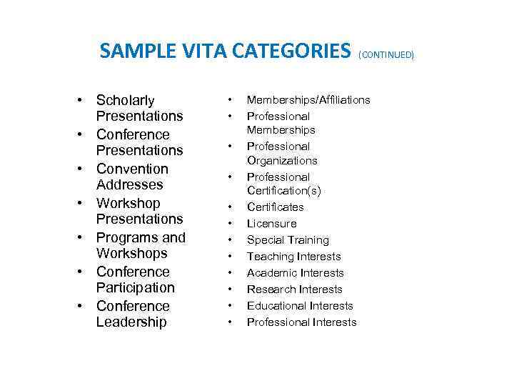 SAMPLE VITA CATEGORIES • Scholarly Presentations • Conference Presentations • Convention Addresses • Workshop