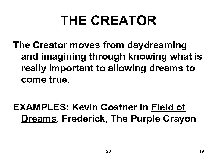 THE CREATOR The Creator moves from daydreaming and imagining through knowing what is really