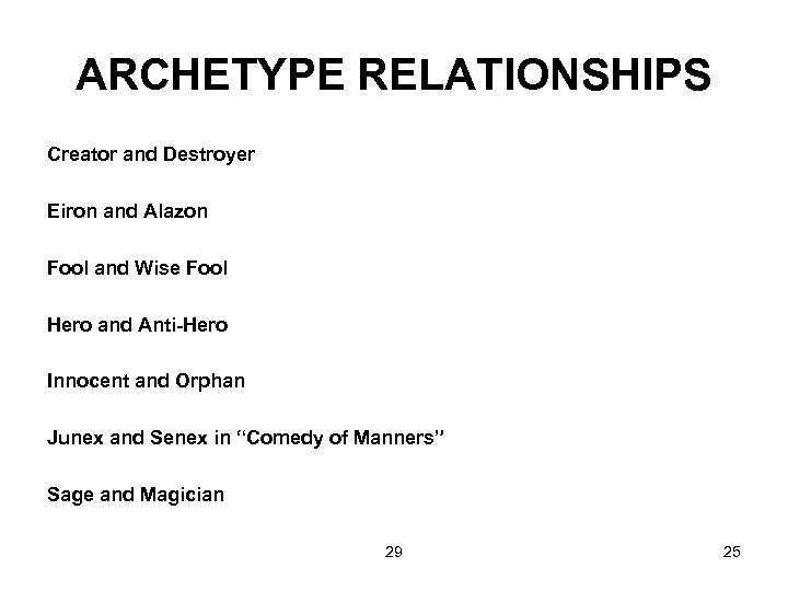 ARCHETYPE RELATIONSHIPS Creator and Destroyer Eiron and Alazon Fool and Wise Fool Hero and