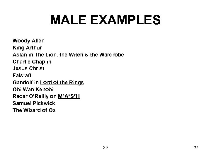 MALE EXAMPLES Woody Allen King Arthur Aslan in The Lion, the Witch & the