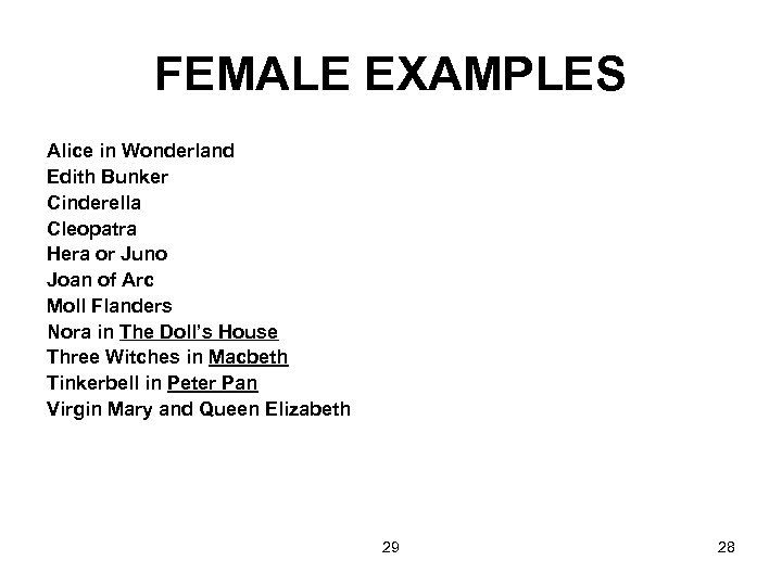 FEMALE EXAMPLES Alice in Wonderland Edith Bunker Cinderella Cleopatra Hera or Juno Joan of