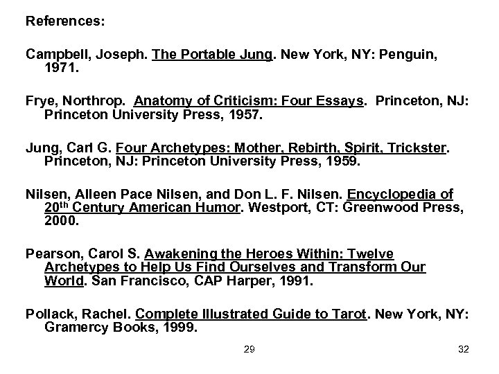 References: Campbell, Joseph. The Portable Jung. New York, NY: Penguin, 1971. Frye, Northrop. Anatomy