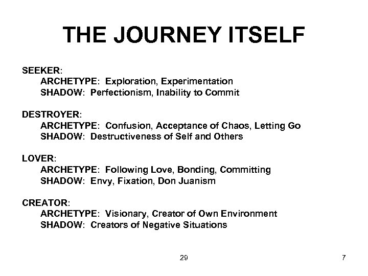 THE JOURNEY ITSELF SEEKER: ARCHETYPE: Exploration, Experimentation SHADOW: Perfectionism, Inability to Commit DESTROYER: ARCHETYPE: