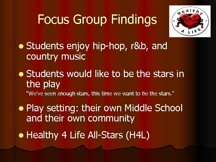 Focus Group Findings l Students enjoy hip-hop, r&b, and country music l Students the