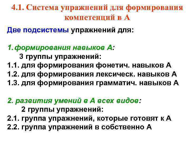 4. 1. Система упражнений для формирования компетенций в А Две подсистемы упражнений для: 1.