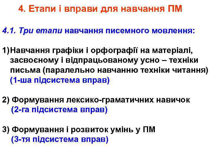 4. Етапи і вправи для навчання ПМ 4. 1. Три етапи навчання писемного мовлення: