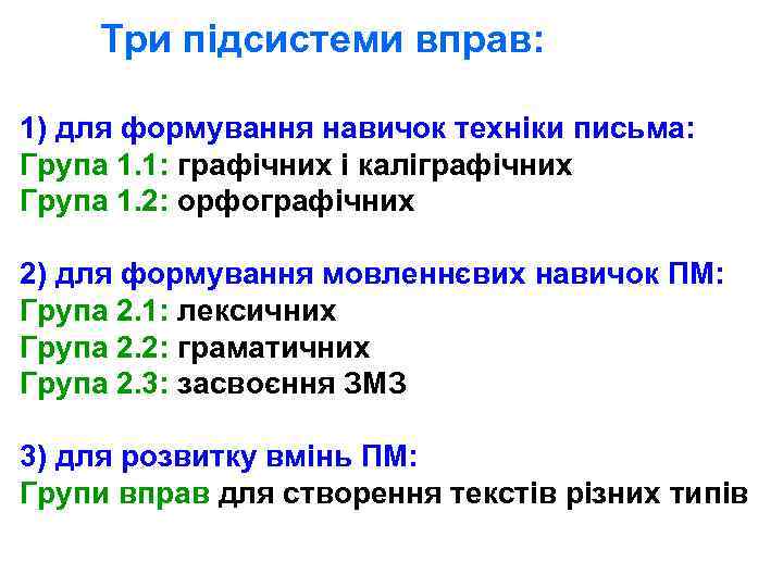 Три підсистеми вправ: 1) для формування навичок техніки письма: Група 1. 1: графічних і