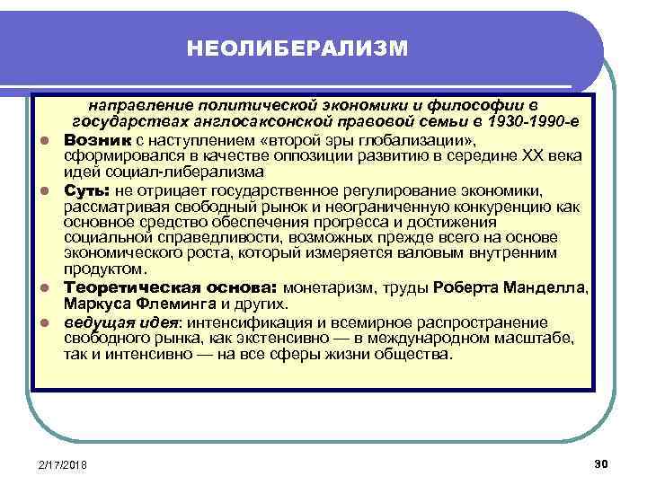 НЕОЛИБЕРАЛИЗМ l l направление политической экономики и философии в государствах англосаксонской правовой семьи в