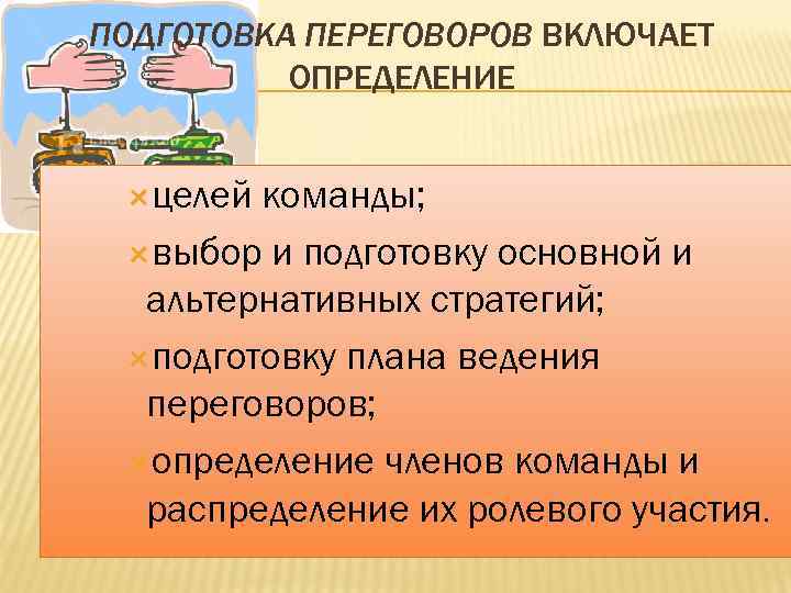 ПОДГОТОВКА ПЕРЕГОВОРОВ ВКЛЮЧАЕТ ОПРЕДЕЛЕНИЕ целей команды; выбор и подготовку основной и альтернативных стратегий; подготовку