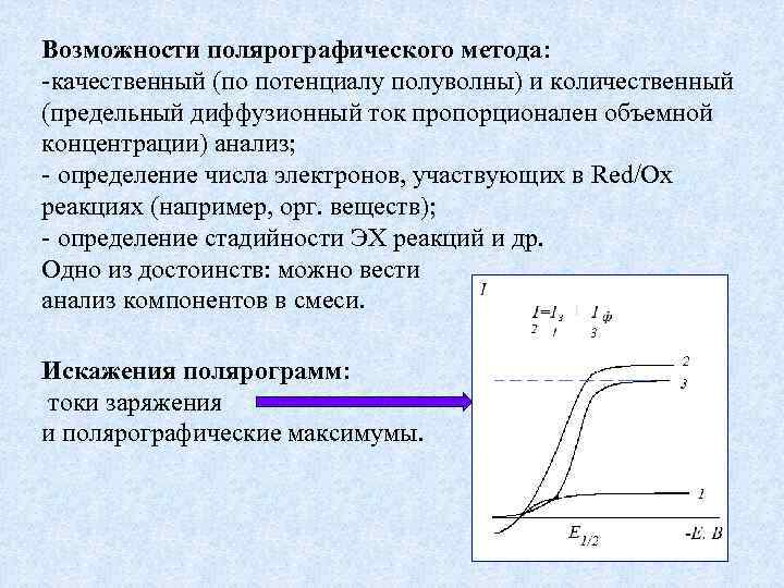 Возможности полярографического метода: -качественный (по потенциалу полуволны) и количественный (предельный диффузионный ток пропорционален объемной