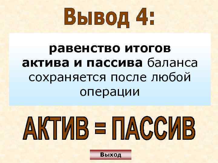 равенство итогов актива и пассива баланса сохраняется после любой операции Выход 