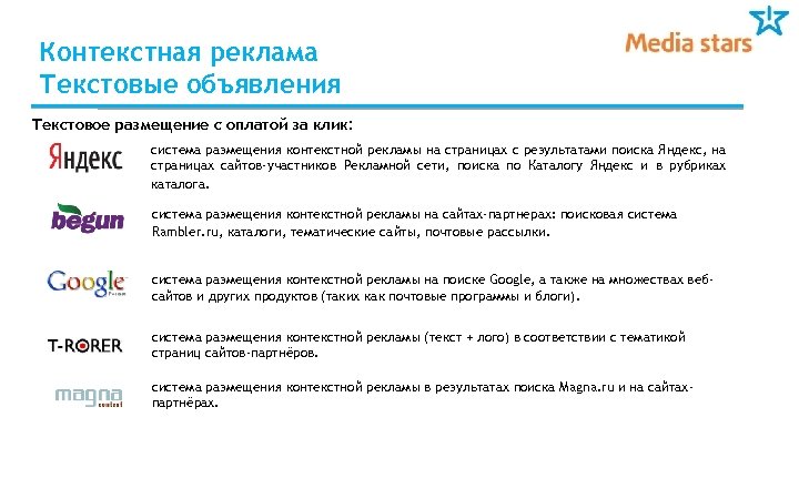 Контекстная реклама Текстовые объявления Текстовое размещение с оплатой за клик: система размещения контекстной рекламы