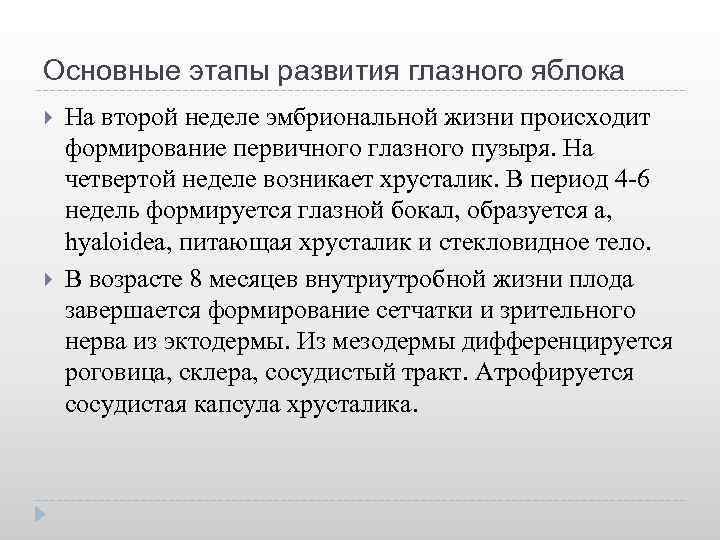 Основные этапы развития глазного яблока На второй неделе эмбриональной жизни происходит формирование первичного глазного