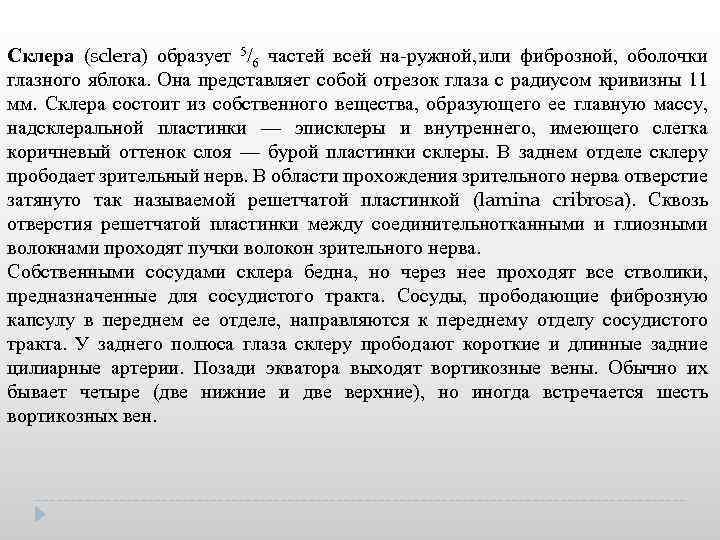 Склера (sclera) образует 5/6 частей всей на ружной, или фиброзной, оболочки глазного яблока. Она