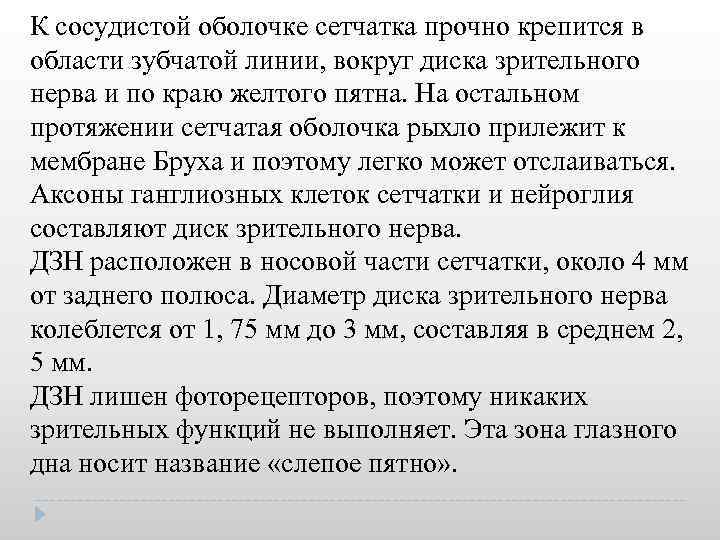 К сосудистой оболочке сетчатка прочно крепится в области зубчатой линии, вокруг диска зрительного нерва