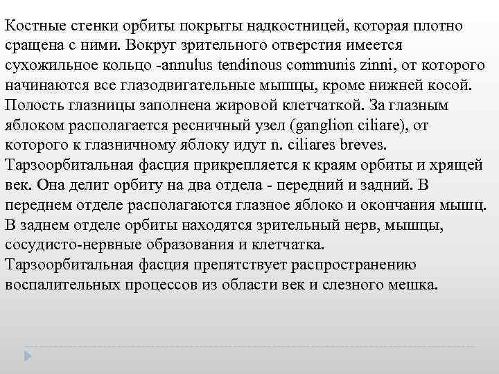 Костные стенки орбиты покрыты надкостницей, которая плотно сращена с ними. Вокруг зрительного отверстия имеется