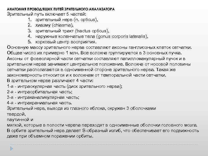 АНАТОМИЯ ПРОВОДЯЩИХ ПУТЕЙ ЗРИТЕЛЬНОГО АНАЛИЗАТОРА Зрительный путь включает 5 частей: 1. зрительный нерв (n.