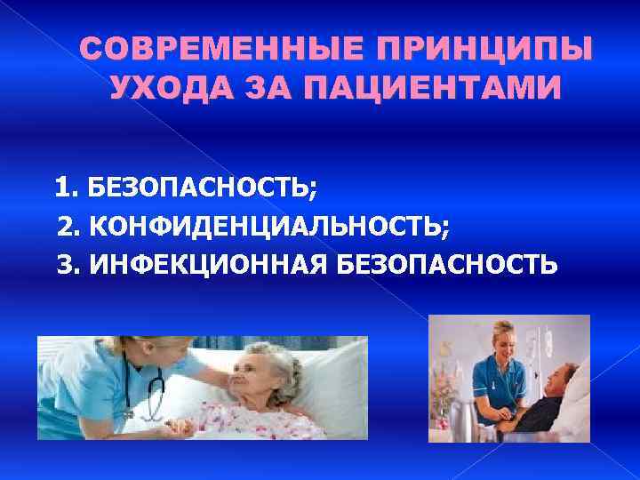 СОВРЕМЕННЫЕ ПРИНЦИПЫ УХОДА ЗА ПАЦИЕНТАМИ 1. БЕЗОПАСНОСТЬ; 2. КОНФИДЕНЦИАЛЬНОСТЬ; 3. ИНФЕКЦИОННАЯ БЕЗОПАСНОСТЬ 
