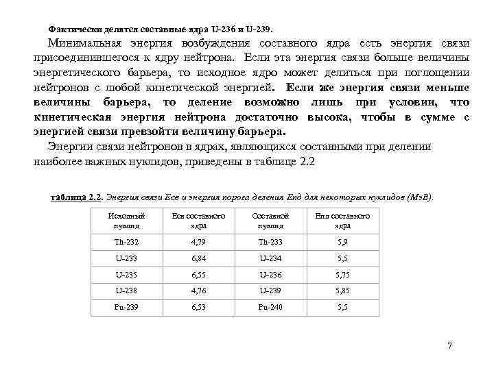 Фактически делятся составные ядра U-236 и U-239. Минимальная энергия возбуждения составного ядра есть энергия