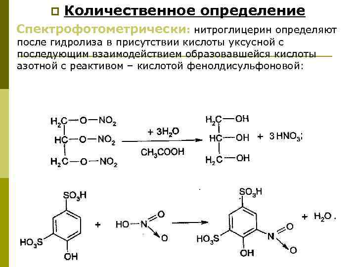 p Количественное определение Спектрофотометрически: нитроглицерин определяют после гидролиза в присутствии кислоты уксусной с последующим