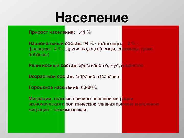 Население Прирост населения: 1, 41 % Национальный состав: 94 % - итальянцы; 2 %