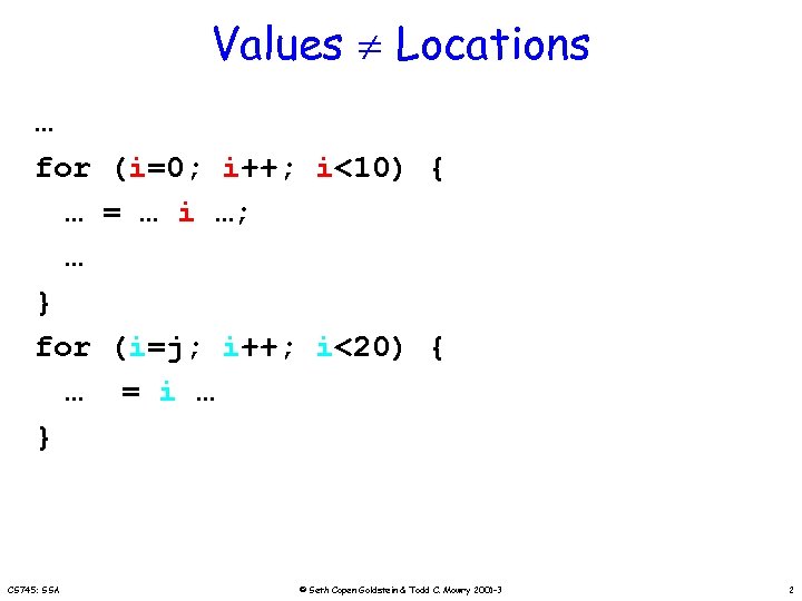 Values Locations … for … … } for … } CS 745: SSA (i=0;