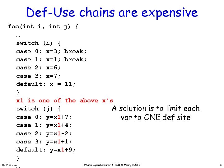 Def-Use chains are expensive foo(int i, int j) { … switch (i) { case