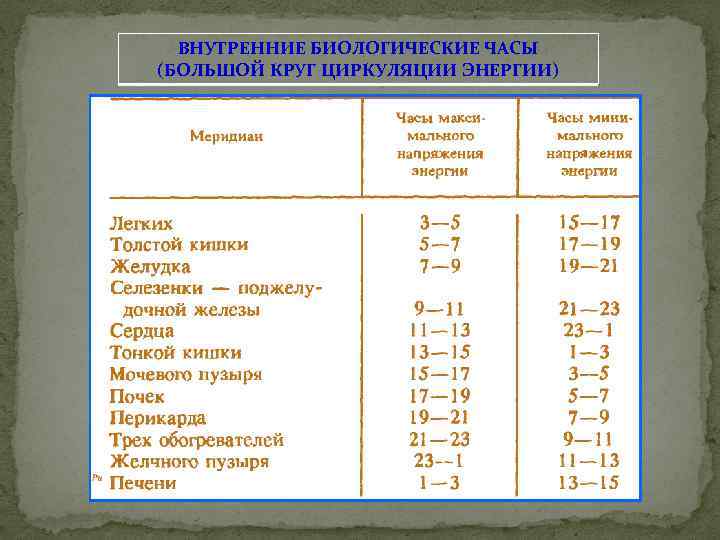 ВНУТРЕННИЕ БИОЛОГИЧЕСКИЕ ЧАСЫ (БОЛЬШОЙ КРУГ ЦИРКУЛЯЦИИ ЭНЕРГИИ) 