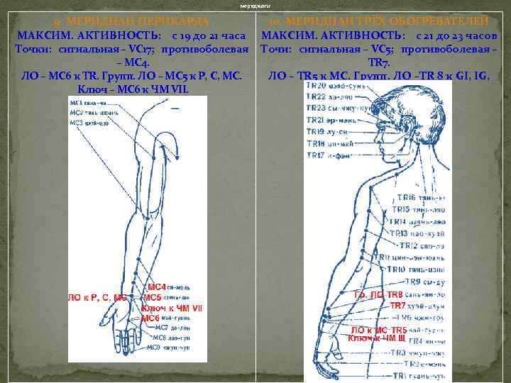 меридианы 9. МЕРИДИАН ПЕРИКАРДА 10. МЕРИДИАН ТРЁХ ОБОГРЕВАТЕЛЕЙ МАКСИМ. АКТИВНОСТЬ: с 19 до 21