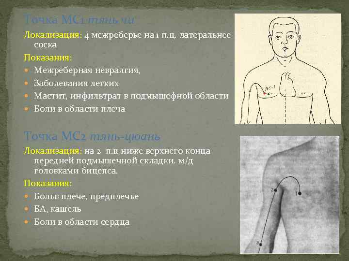 Точка МС 1 тянь чи Локализация: 4 межреберье на 1 п. ц. латеральнее соска