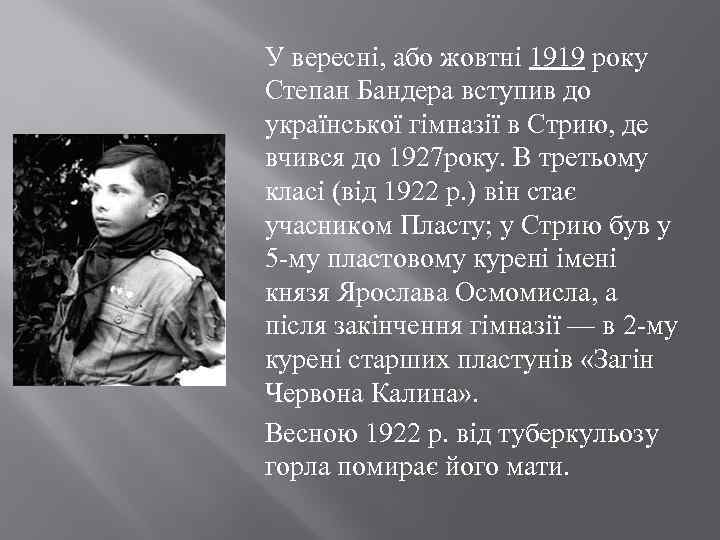 У вересні, або жовтні 1919 року Степан Бандера вступив до української гімназії в Стрию,