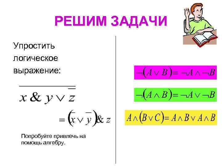 РЕШИМ ЗАДАЧИ Упростить логическое выражение: Попробуйте привлечь на помощь алгебру. 