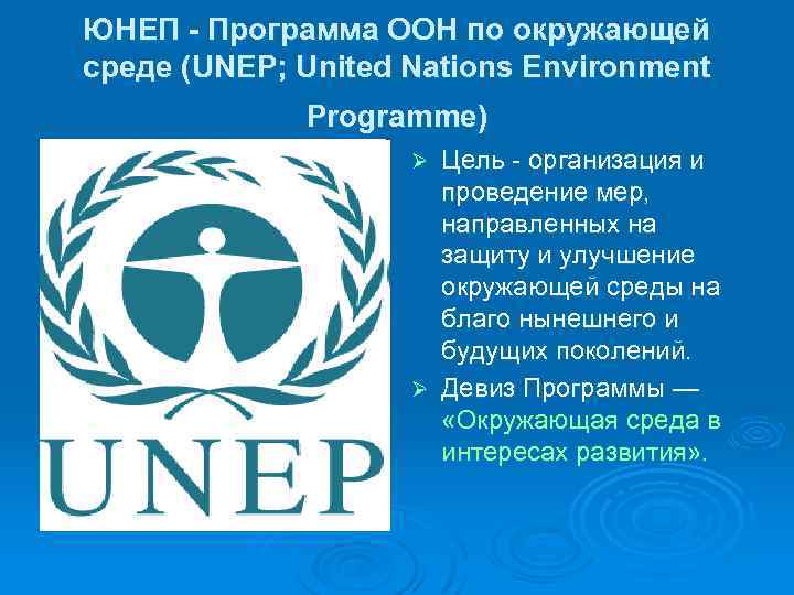 ЮНЕП - Программа ООН по окружающей среде (UNEP; United Nations Environment Programme) Цель -