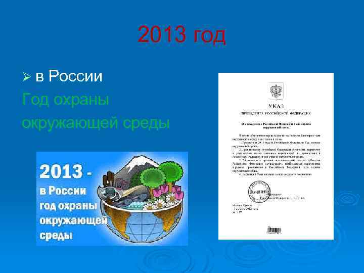 2013 год Ø в России Год охраны окружающей среды 